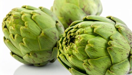 Fototapeta premium Two fresh raw artichokes isolated on white background. Top view.