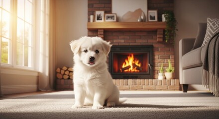 Charming Fluffy White Puppy with Tongue Out in Sunlit Living Room by Warm Brick Fireplace