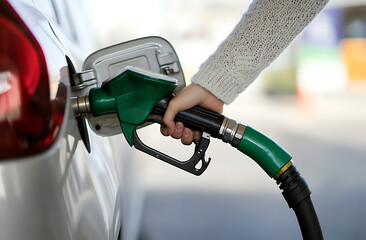 Fueling up the vehicle at the gas station with a green pump handle. Essential for travel, this process keeps you moving. The car's fuel door is open, ready to fill.