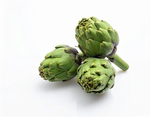 Obraz premium Two fresh raw artichokes isolated on white background. Top view.