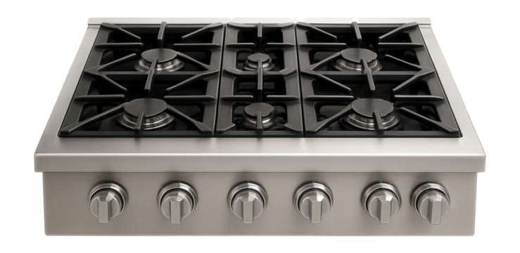 A robust gas cooktop for small catering, featuring six strong burners and easy-clean