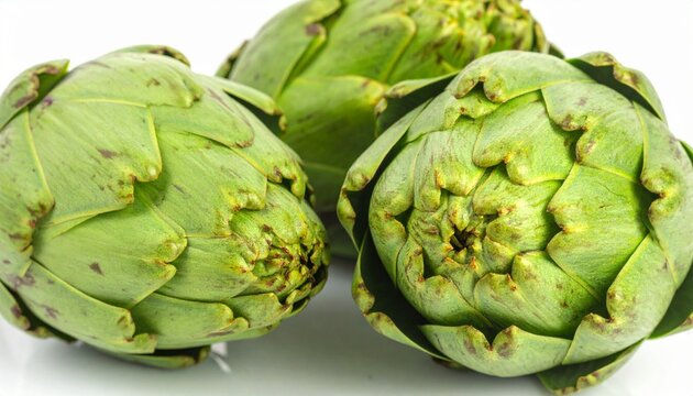 Two fresh raw artichokes isolated on white background. Top view. - Powered by Adobe