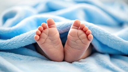 A close-up of tiny baby feet peeking out from under a soft blue blanket, evoking warmth and tenderness.