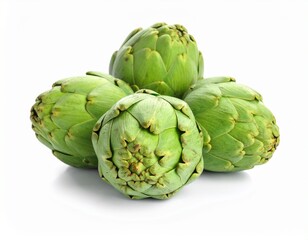 Obraz premium Two fresh raw artichokes isolated on white background. Top view.