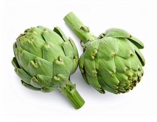 Fototapeta premium Two fresh raw artichokes isolated on white background. Top view.