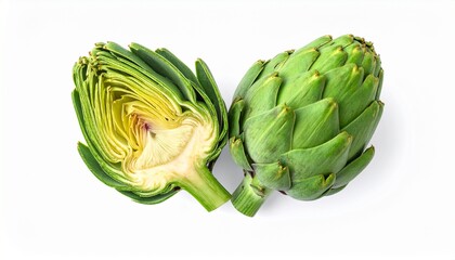 Obraz premium Two fresh raw artichokes isolated on white background. Top view.
