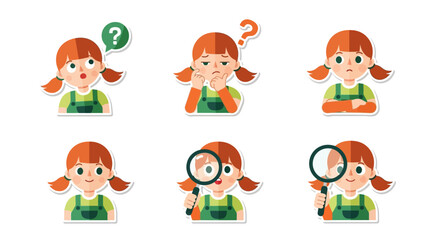 A charming flat design sticker set showcasing a cute girl character with thoughtful and curious expressions. This vector illustration is ideal for educational materials or problem-solving themes.