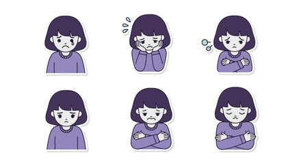 A relatable flat design sticker set featuring a cute girl character expressing various sad and slightly upset emotions. This vector illustration captures common feelings of disappointment.