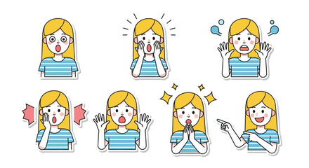 A delightful flat design sticker set featuring a cute girl character expressing various surprised and awestruck emotions. This vector illustration is perfect for moments of discovery or excitement.