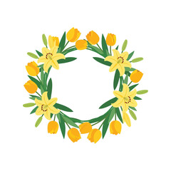 Vibrant yellow tulip daffodil spring flower wreath festive seasonal decoration isolated graphic vector © azad