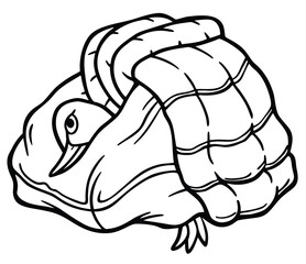 A charming black and white line art illustration of a cute little bird, possibly a duckling, sleeping soundly and cozily under a warm, puffy down comforter or quilt