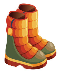 A pair of illustrated winter boots designed for cold weather, offering warmth and protection for outdoor activities like hiking and snow sports, depicted with colorful, insulated design details