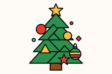 Stylized flat design christmas tree with geometric ornaments and star topper