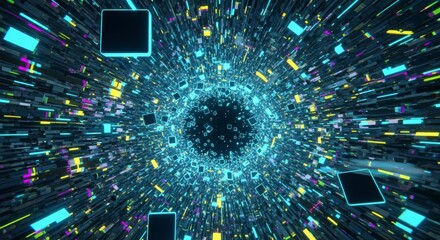 Abstract digital landscape with glowing blue and pink lines converging towards a central point, creating a futuristic and technological scene.