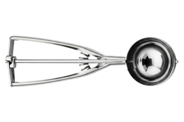 Stainless steel ice cream portion scoop with trigger release isolated on a transparent background