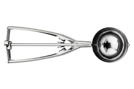 Stainless steel ice cream portion scoop with trigger release isolated on a transparent background