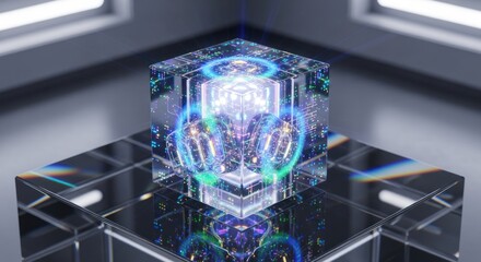 Luminous Headphones Encased in a Futuristic Cube, Reflecting on Glass Surface