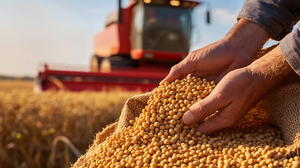 Farmer carefully examining freshly harvested soybeans in a burlap sack. Combine harvests the golden field in the background under a bright, sunny sky. Abundant harvest!
