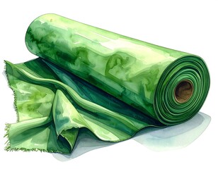 Artistic watercolor depiction of a roll of green fabric with a trailing edge