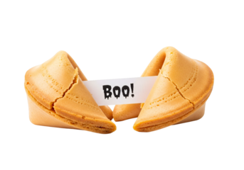 Open fortune cookie with a boo message inside, isolated on transparent background