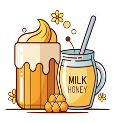 Honey Milk Drink Sweet and Nourishing Beverage with Honeycomb and Floral Accents in a Vector Illustration