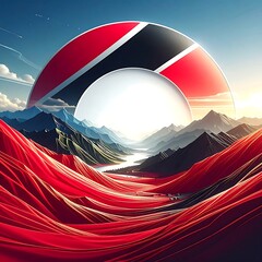Artistic vista with a segmented red, white, black arc over mountainous landscape