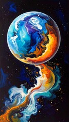 A vibrant depiction of a swirling planet, with shades of blue, orange and white, against a dark, starry background