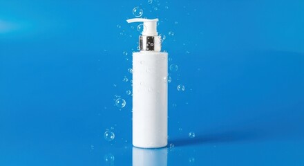 Pristine White Pump Bottle with Bubbles Against a Vibrant Blue Background