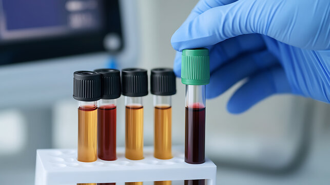 A gloved hand carefully places a blood sample in a test tube rack. The tubes contain various blood samples, ready for lab analysis and medical research, ensuring accurate results. - Powered by Adobe