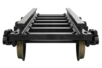 Industrial train wheelset assembly on a piece of rail track isolated on a transparent background