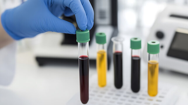 Hand with a blue medical glove holding test tube with blood sample for medical analysis at the lab. Vaccine development and scientific research. Green cap test tube in focus.