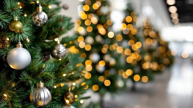 Get into the holiday spirit with beautifully decorated Christmas trees in a modern indoor setting filled with warm lights and festive joy
