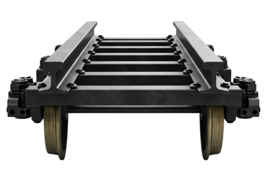 Industrial train wheelset assembly on a piece of rail track isolated on a transparent background