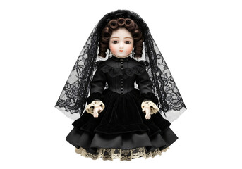 Naklejka premium Antique victorian doll dressed in a black mourning gown and veil, isolated on transparent background