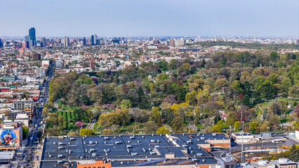 Aerial landscape of Manhattan skyline from Sunset Park Borough Park Brooklyn in New York City NY