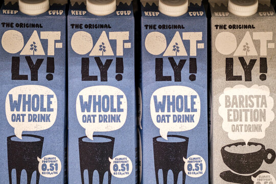 Row Of Cartons Of Oatly Oak Milk Drink