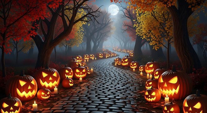 Halloween night scene lined path with glowing jack o lanterns and trees