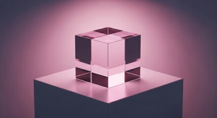 Geometric Pink Cube on Pedestal: Minimalist Abstract Composition, Soft Lighting.