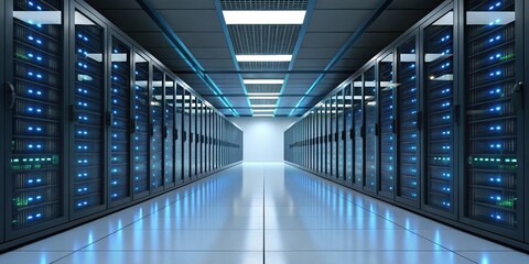 A high-tech server room featuring rows of servers illuminated by blue lights, emphasizing a modern data center environment.
