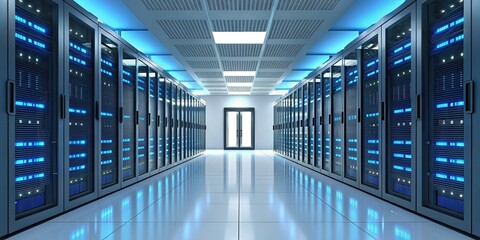 A futuristic data center with rows of servers illuminated by blue lights, featuring a clean, modern design and reflective floors.