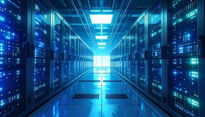 Obraz premium Illuminated network server room at data center