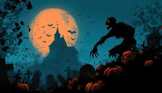 Pumpkin zombie rising from graveyard cemetery with church, bats and full moon