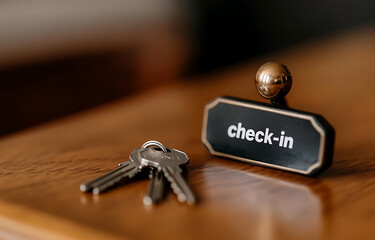Hotel check-in essentials: Keys and a welcome sign. Ready for a relaxing stay and new adventures. Experience comfort away from home. Discover and unwind.