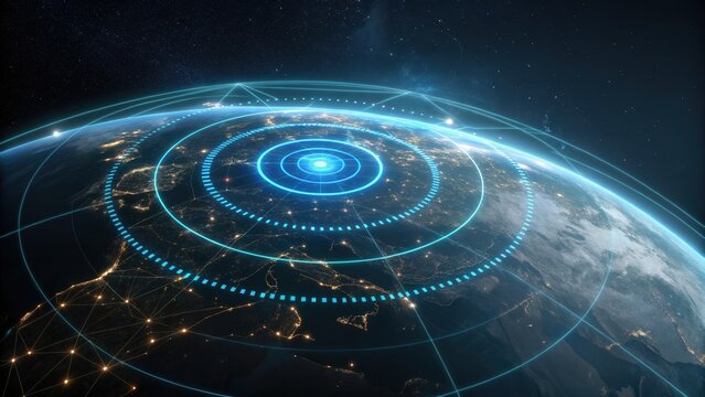 A futuristic view of Earth with glowing circular patterns and lines, suggesting advanced technology and connectivity in a cosmic setting.