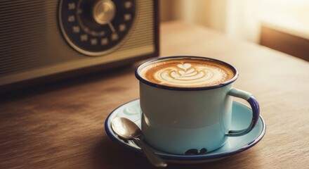 Artful Latte in Blue Enamel Mug, Spoon, and Vintage Radio on Warm Wooden Table