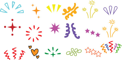 Hand Drawn Line Icon Rays and Confetti Elements – Starburst Spark, Sunshine Glow, Pop Art Shapes & Decorative Glitter Vector Set
