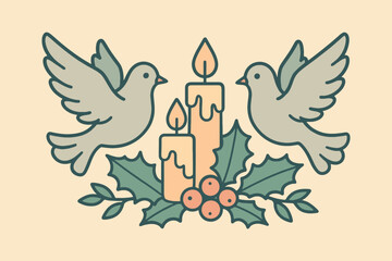Obraz premium Two gentle doves flank a festive holiday arrangement of candles and holly berries