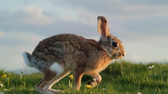 Rabbit jumping in slow motion outdoors