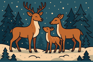 A family of deer standing together in a snowy winter forest at night