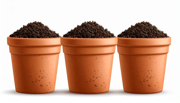 Clay pots 3d isolated set. Empty pot with ground for plants. House garden elements, 